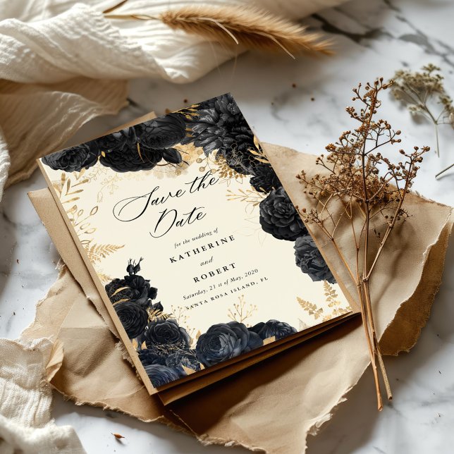 Convite Rosas Pretos Dourados com Aquarela Salvar a Data (Criador carregado)