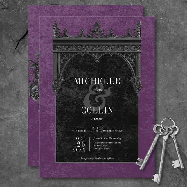 Convite Rosas Pretos Duplos e Pretos Góticos Roxo (Gothic Black Double Arch & Black Roses Purple Invitation)