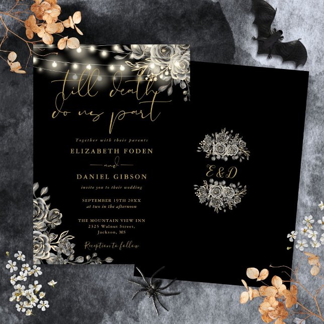 Convite Rosas Pretos E Dourados Luzes Florais Casamento Gó (Black And Gold Roses Floral Lights Gothic Wedding Invitation)