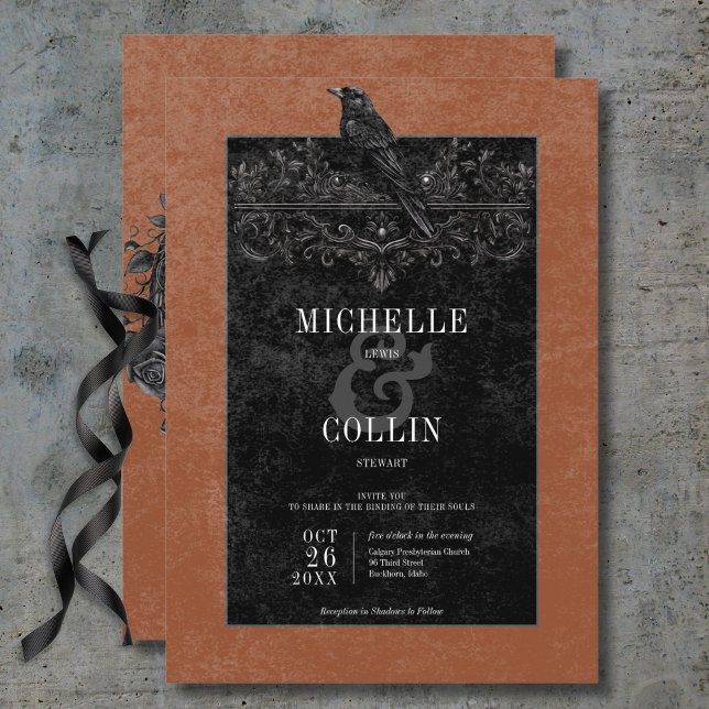Convite Rosas Pretos Góticos, Raven e Negras Casamento por (Gothic Black Raven & Black Roses Rust Wedding Invitation)