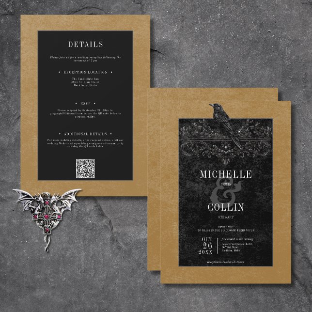 Convite Rosas Pretos Góticos Raven e Pretos Dourados Dois  (Gothic Black Raven & Black Roses Gold All In One Invitation)