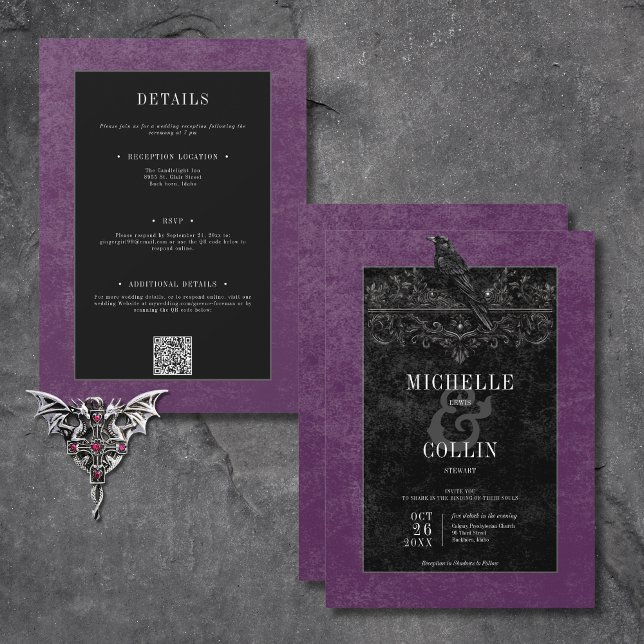 Convite Rosas Pretos Góticos Raven e Pretos Roxos Dois Lad (Gothic Black Raven & Black Roses Purple All In One Invitation)