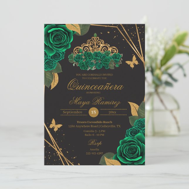 Convite Rosas Pretos Verdes Tiara Dourada Glitter Quinceañ (Em pé/Frente)