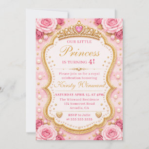 Convite Rosas Princesas de Ouro Rosa Elegante Aniversário