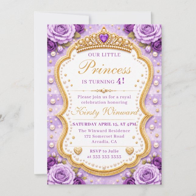 Convite Rosas Princesas Douradas Roxas Elegantes Aniversár (Frente)