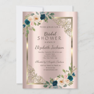 Convite Rosas Quadro Dourado Rosa Chuveiro de Noiva