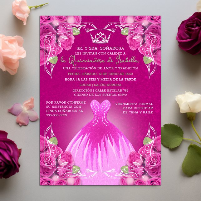 CONVITE ROSAS QUINCEAÑERA DE PINCO QUENTE ESPANHOL | (SPANISH HOT PINK ROSES QUINCEAÑERA | INVITATION)