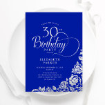 Convite Rosas reais de prata aniversário de 30 anos<br><div class="desc">Simples convite de festas elegante em azul real e prata. Design clássico com rosas, folha prateada falsa e letra de script de tipografia. A Trendy convida o cartão perfeito para uma festa de na moda. Personalize com seus próprios detalhes. Pode ser personalizado para qualquer idade. Impressos convites Zazzle ou modelo...</div>