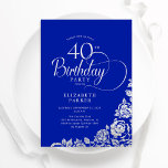 Convite Rosas reais de prata aniversário de 40 anos<br><div class="desc">Simples convite de festas elegante em azul real e prata. Design clássico com rosas, folha prateada falsa e letra de script de tipografia. A Trendy convida o cartão perfeito para uma festa de na moda. Personalize com seus próprios detalhes. Pode ser personalizado para qualquer idade. Impressos convites Zazzle ou modelo...</div>
