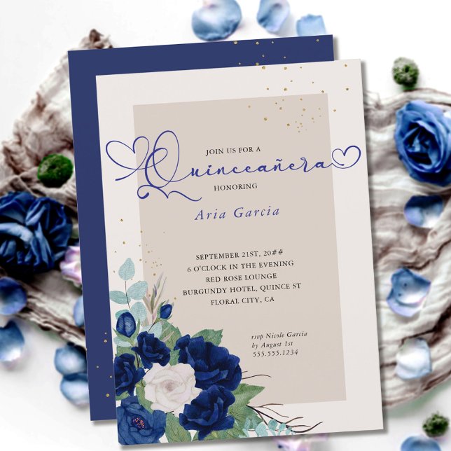 Convite Rosas Real Azul e Marfim Quinceanera Elegante (Criador carregado)