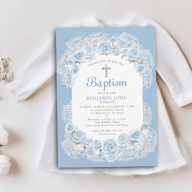 Convite Rosas Respiração de Bebê Batismo Elegante Branco A (boy baby baptism invitation christening elegant classy floral frame roses babys breath religious)