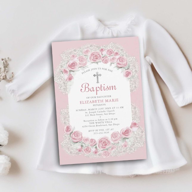 Convite Rosas Respiração De Bebê Rosa Branco Elegante Bati (delicate roses babys breath floral frame baby girl baptism christening invitation elegant classy)