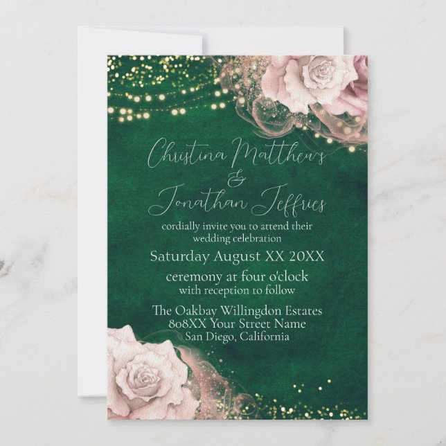 Convite Rosas Românticas em Aquarela em Casamento Verde Es (Frente)