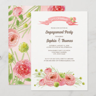 Convite Rosas Românticas Festa de noivado de Aquarela