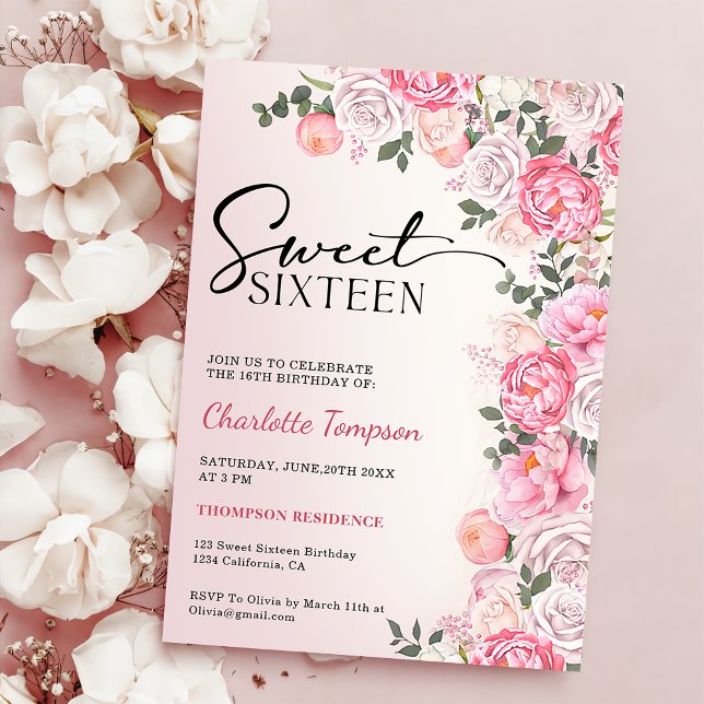 Convite Rosas Românticas Pastel Floral Sweet 16 Aniversári (Criador carregado)