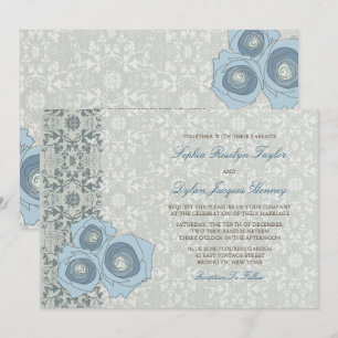 Convite Rosas Românticos Azuis Damask Lace Elegante Casame