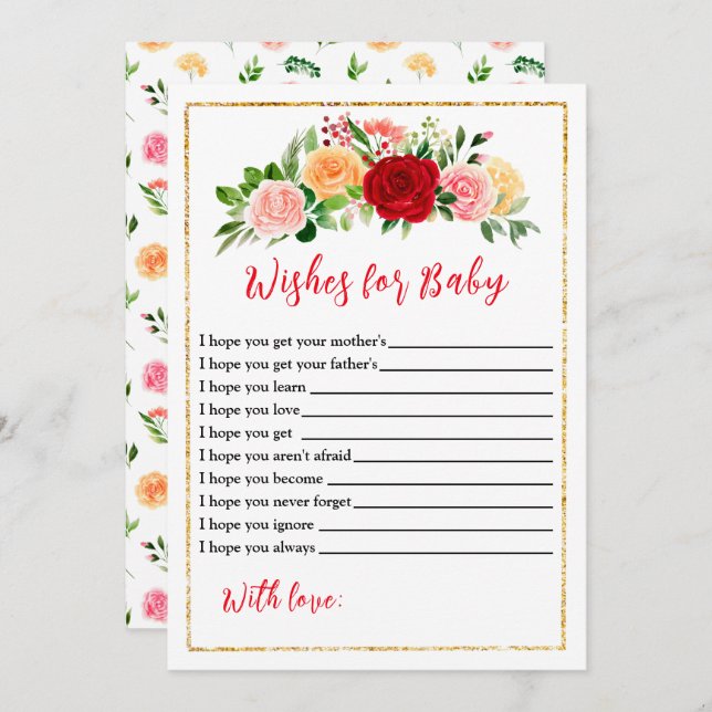 Convite Rosas Românticos Chás de fraldas Florais Desejam P (Frente/Verso)