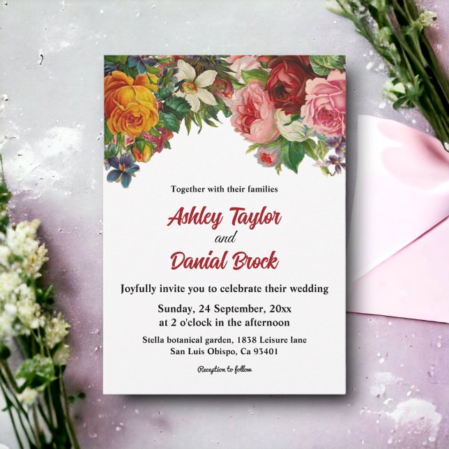 Convite Rosas Românticos Coloridos Casamento Floral Elegan (Criador carregado)