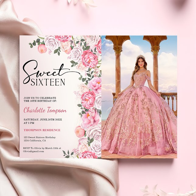 Convite Rosas Românticos Pastel Floral Sweet 16 Foto (Criador carregado)