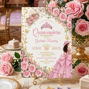 Convite Rosas Rosa Aquarela Borboleta Dourada Quinceañera