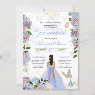 Convite Rosas Rosa Azul e Esbranquiçadas Borboleta Quince
