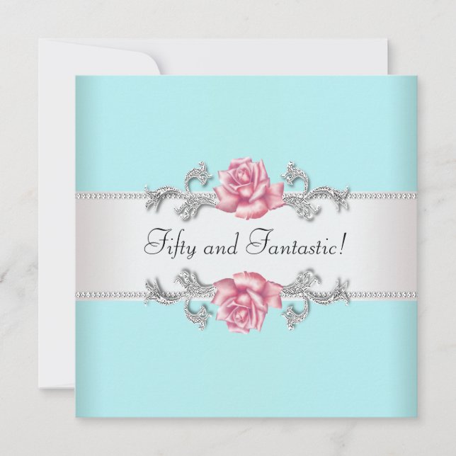 Convite Rosas Rosa Azul Teal Mulheres 50ª Festa de anivers (Frente)