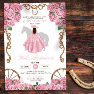 Convite Rosas Rosa Bebidas Ocidentais Charro Quinceanera