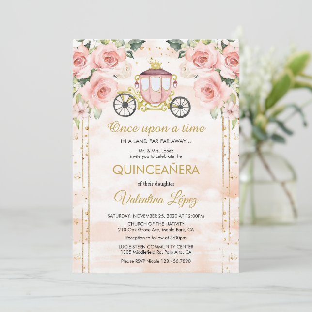 Convite Rosas Rosa Bebidas Princesa Cinderela Quinceañera (Em pé/Frente)