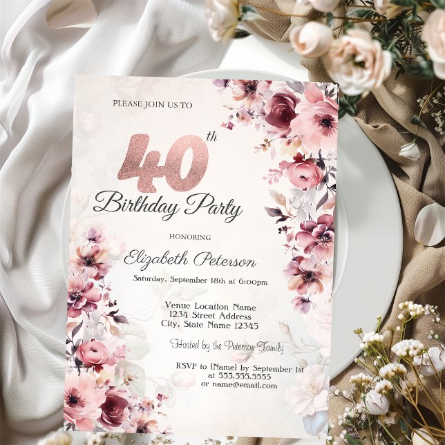 Convite Rosas Rosa Bege 40º Aniversário (Criador carregado)