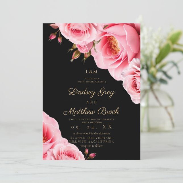 Convite Rosas Rosa Bege Casamento Divino Moderno (Em pé/Frente)