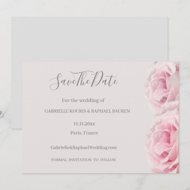 Convite Rosas Rosa Bege Cinza Floral Save The Date Casamen (Frente/Verso)