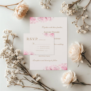 Convite Rosas Rosa Bege Dourado Floral Casamento RSVP