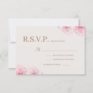 Convite Rosas Rosa Bege Dourado Floral Casamento RSVP