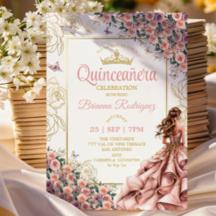 Convite Rosas Rosa Bege Dourado Quinceañera 
