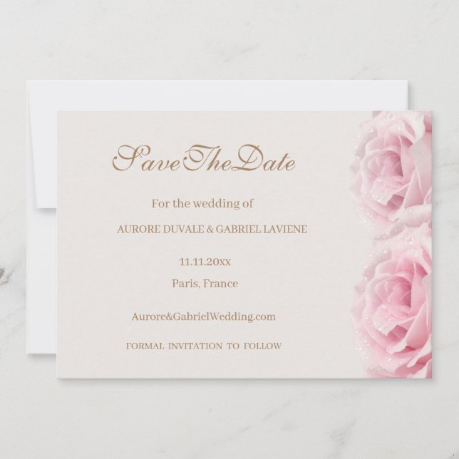 Convite Rosas Rosa Bege Dourado Salve A Data Casamento (Frente)