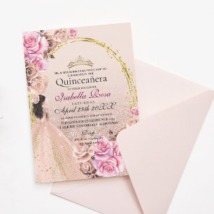 Convite Rosas Rosa Bege e Douradas Elegante Quinceanera