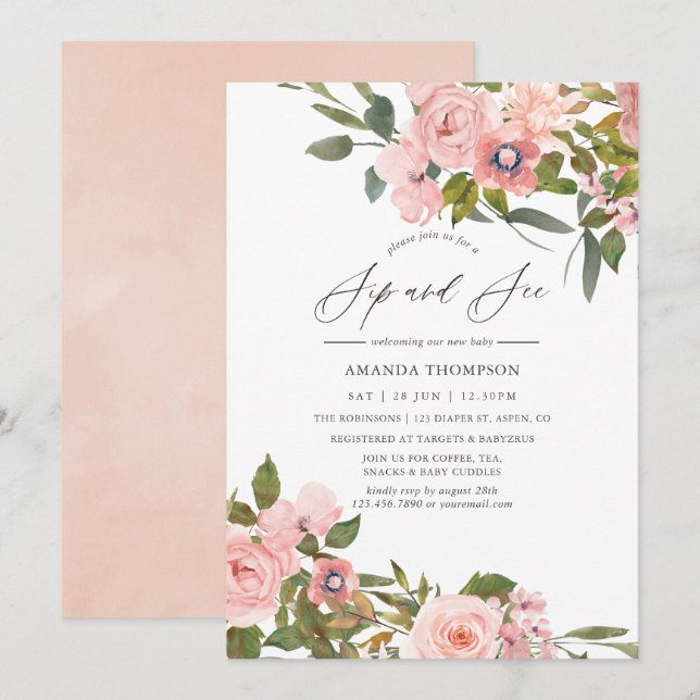 Convite Rosas Rosa Bege e Dourado Rosa para Chá de Bebê (Frente/Verso)