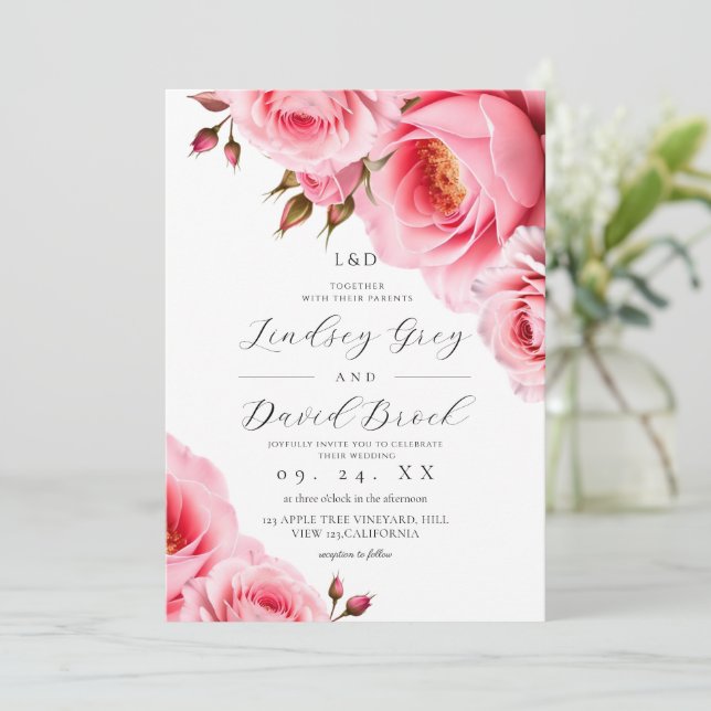 Convite Rosas Rosa Bege Florais Casamento (Em pé/Frente)
