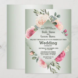 Convite Rosas Rosa Bege Geométrico Verde Rústico Casamento