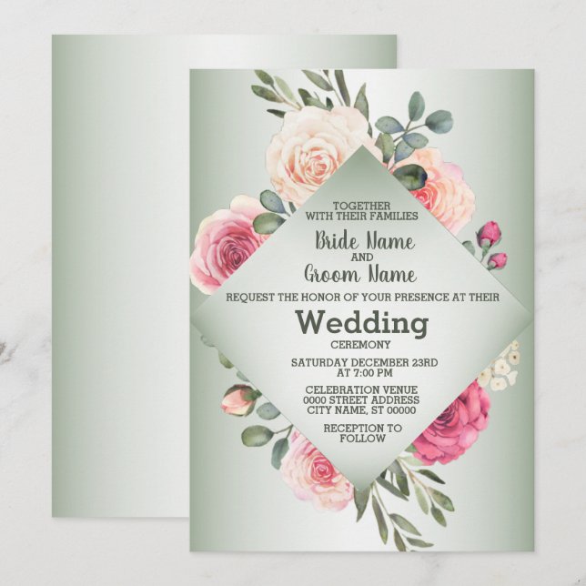 Convite Rosas Rosa Bege Geométrico Verde Rústico Casamento (Frente/Verso)