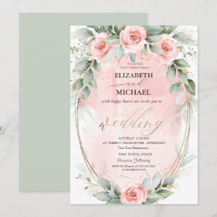 Convite Rosas Rosa Bege Moldura Dourada Casamento