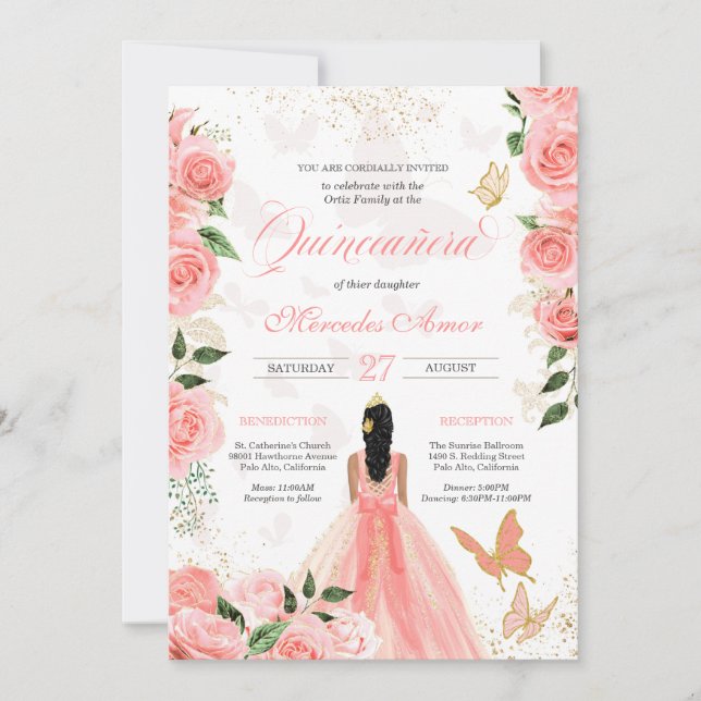 Convite Rosas Rosa Borboleta Mariposa Quinceanera Invitati (Frente)