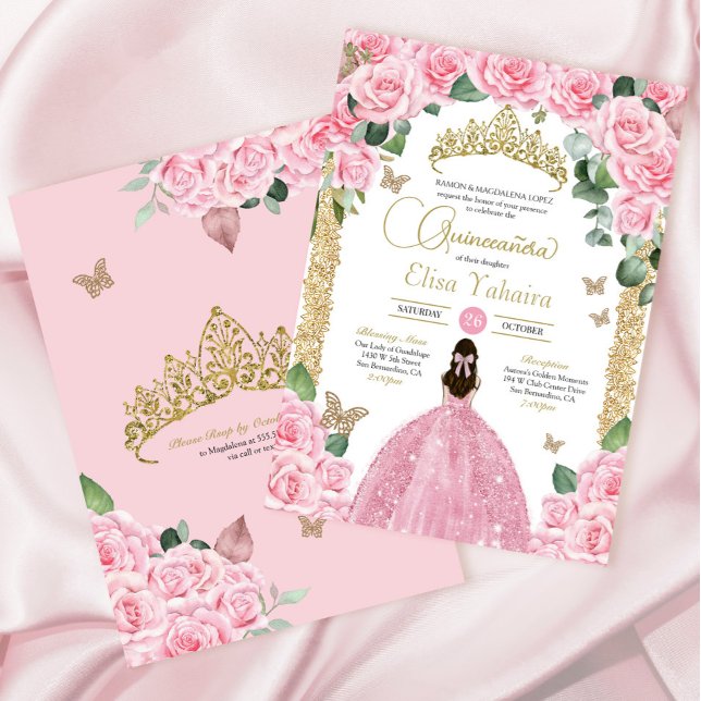 Convite Rosas Rosa Borboleta Princesa Vestida Quinceanera (Criador carregado)