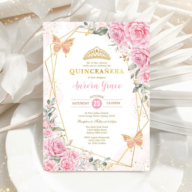 Convite Rosas Rosa Borboleta Quinceañera Dourada Geométric (Criador carregado)
