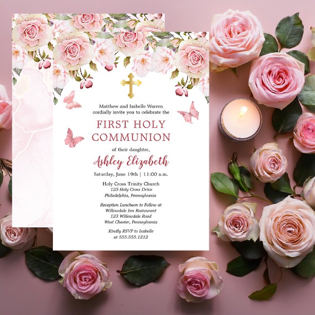 Convite Rosas Rosa Borboletas Floral Primeira Comunhão Sag (Elegant Pink Roses and Butterflies Floral First Holy Communion Invitation - Print | Digital Download)