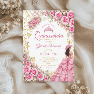 Convite Rosas Rosa Brilhante Aquarela Dourado Quinceañera