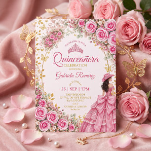 Convite Rosas Rosa Brilhante Aquarela Dourado Quinceañera