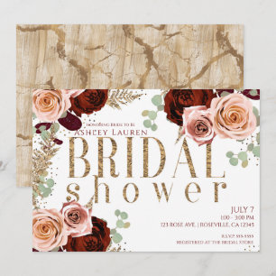 Convite Rosas Rosa Burgundy Dourado Branco Chá de Noiva