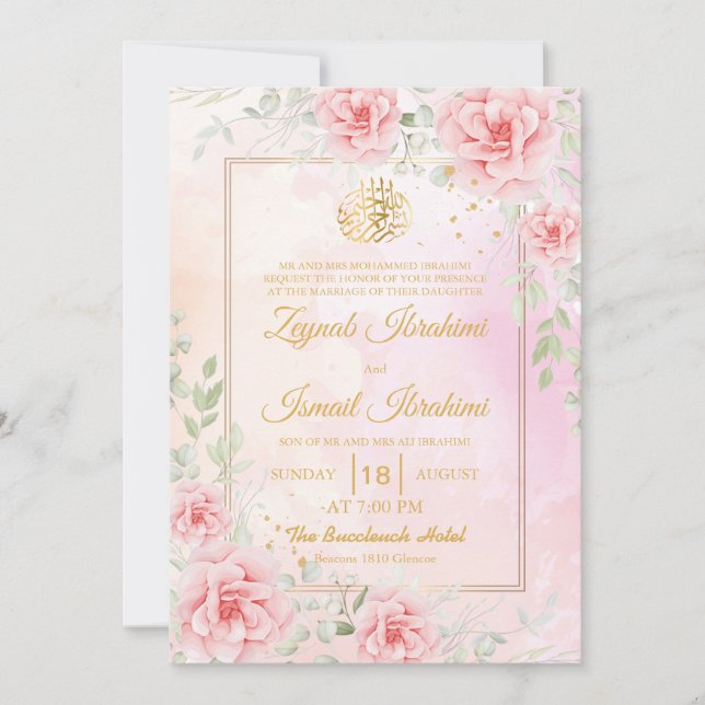 Convite Rosas Rosa, Casamento Muçulmano Islâmico Dourado F (Frente)