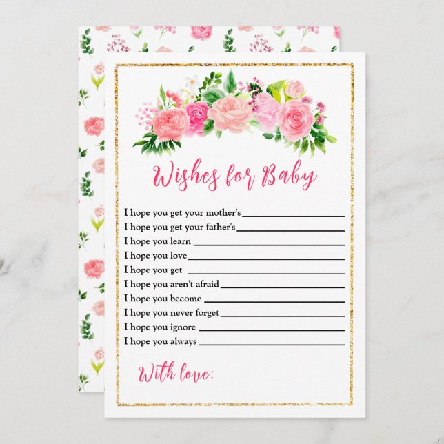 Convite Rosas Rosa Chá de fraldas Floral Desejo Para Bebê (Frente/Verso)